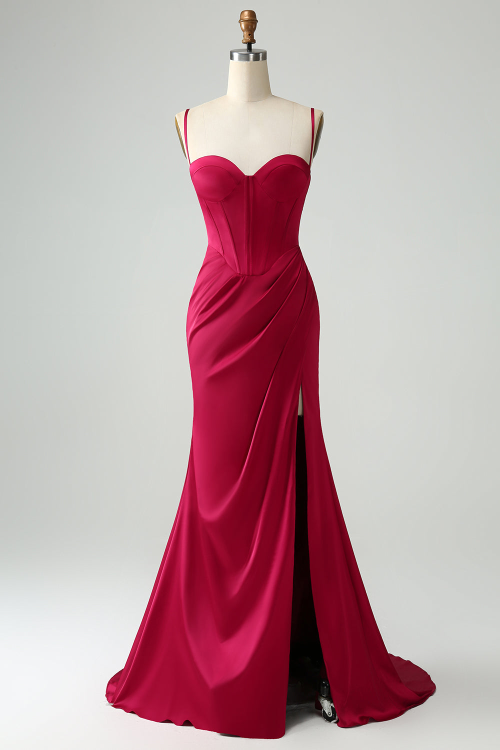 Sweetheart Corset Burgundy Lace Up Sheath Floor-Length Dress with High Slit