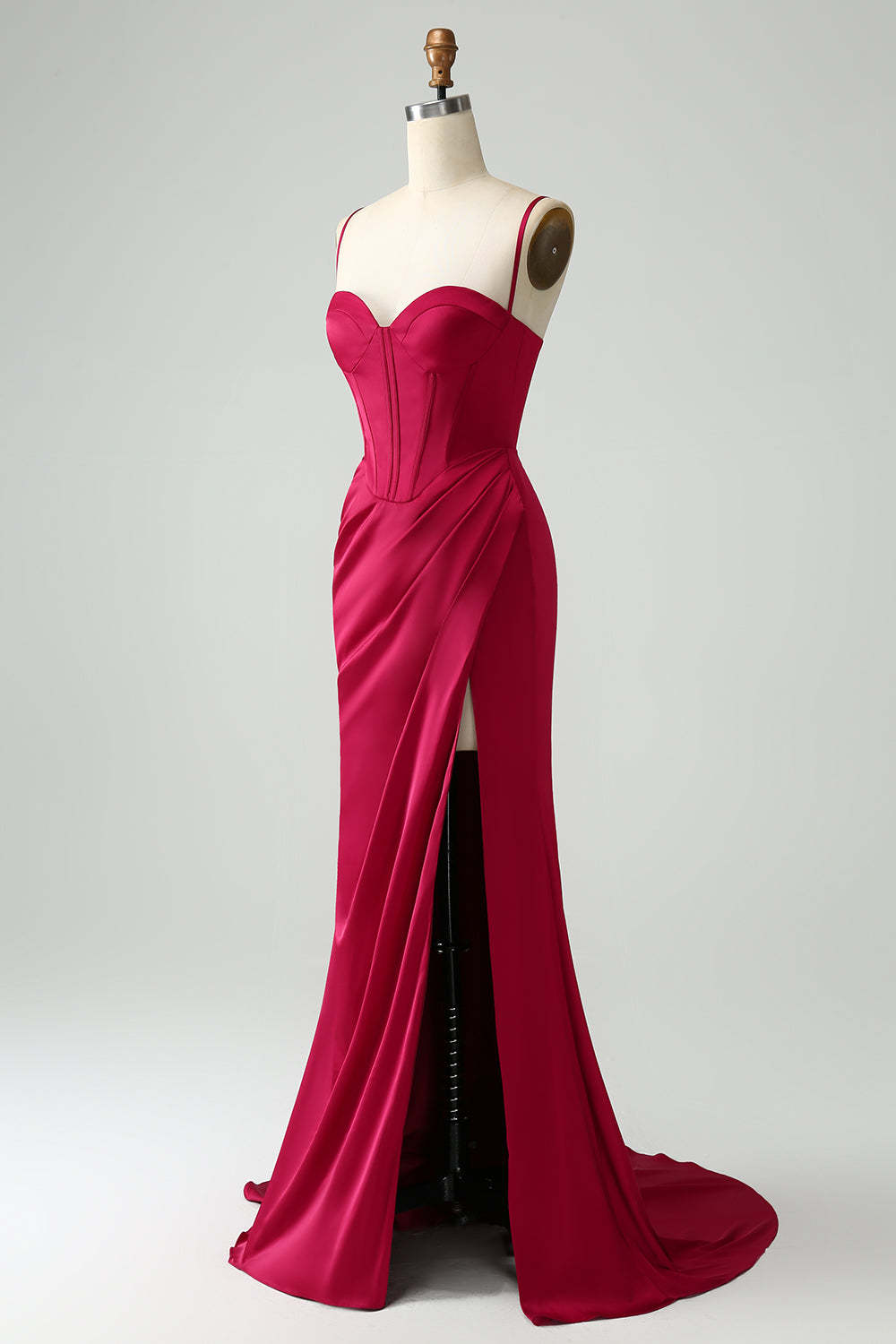 Sweetheart Corset Burgundy Lace Up Sheath Floor-Length Dress with High Slit