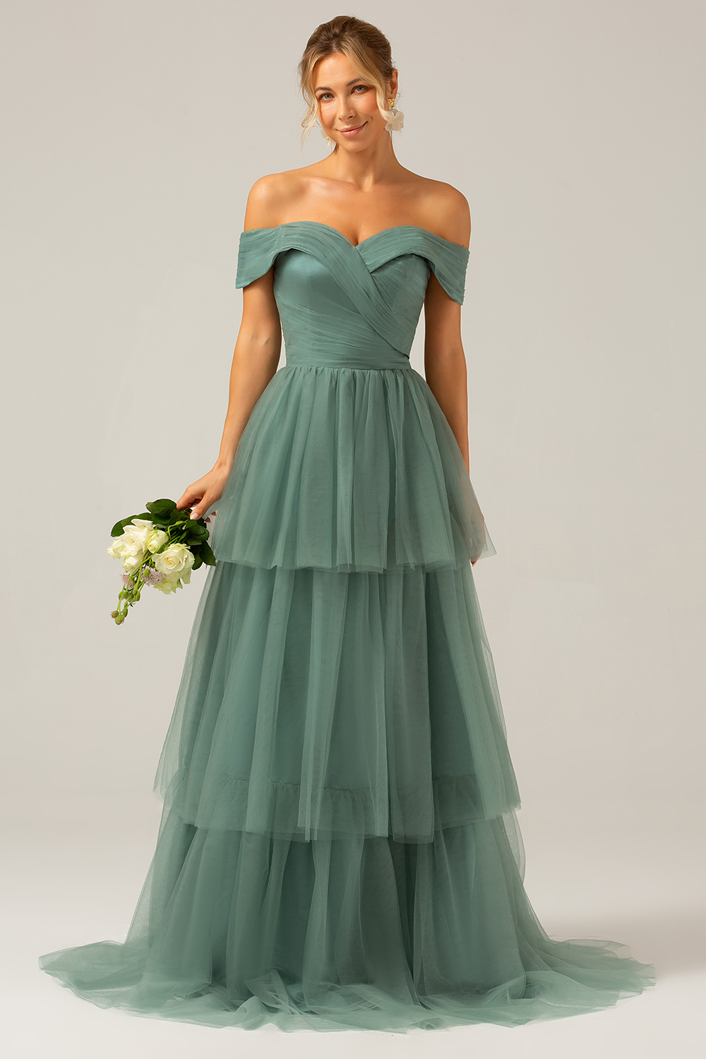Off the Shoulder A Line Grey Green Tulle Tiered Pleated Bridesmaid Dress