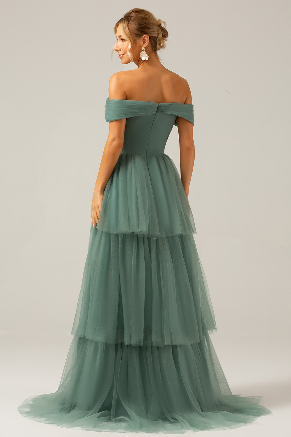 Off the Shoulder A Line Grey Green Tulle Tiered Pleated Bridesmaid Dress