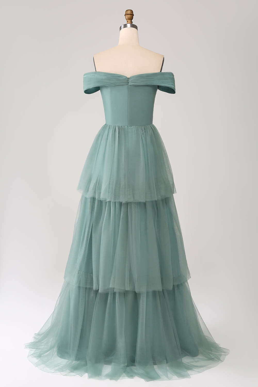 Grey Green A Line Tulle Tiered Pleated Off the Shoulder Prom Dress