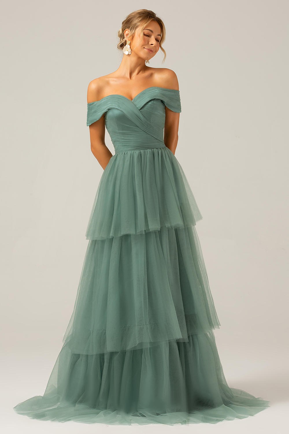Off the Shoulder A Line Grey Green Tulle Tiered Pleated Bridesmaid Dress