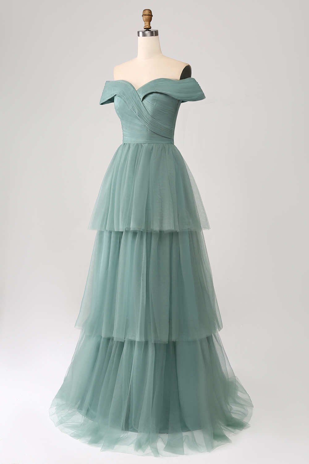 Grey Green A Line Tulle Tiered Pleated Off the Shoulder Prom Dress
