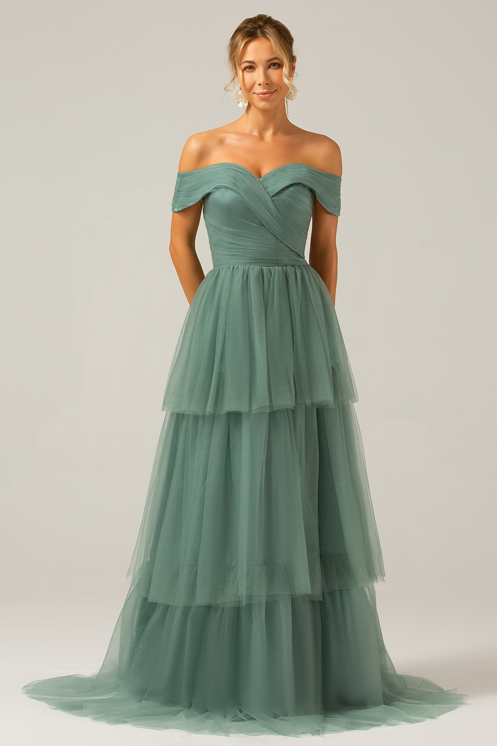 Off the Shoulder A Line Grey Green Tulle Tiered Pleated Bridesmaid Dress