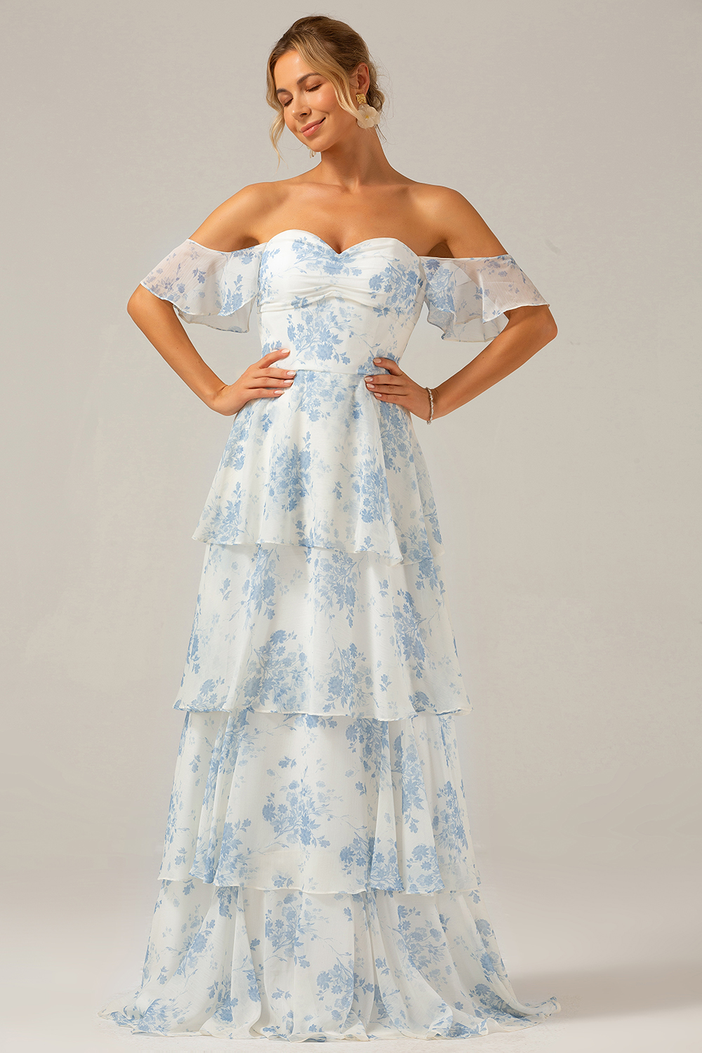 White Blue Flower Print Tiered Off the Shoulder Floral Bridesmaid Dress