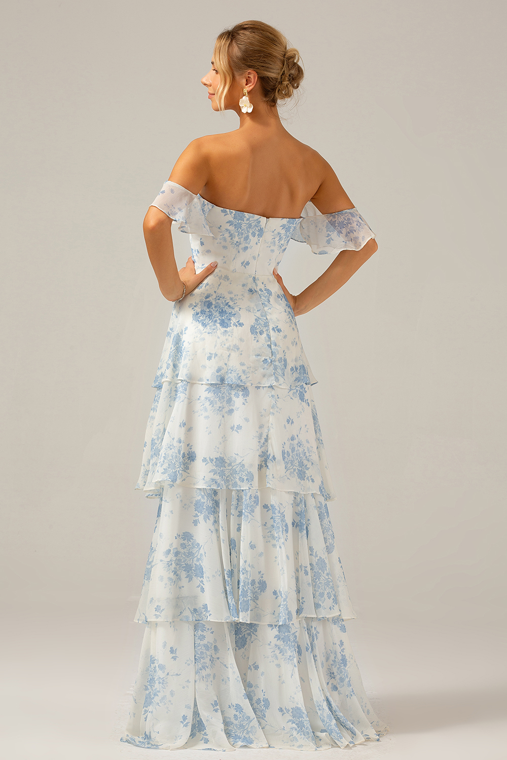 White Blue Flower Print Tiered Off the Shoulder Floral Bridesmaid Dress