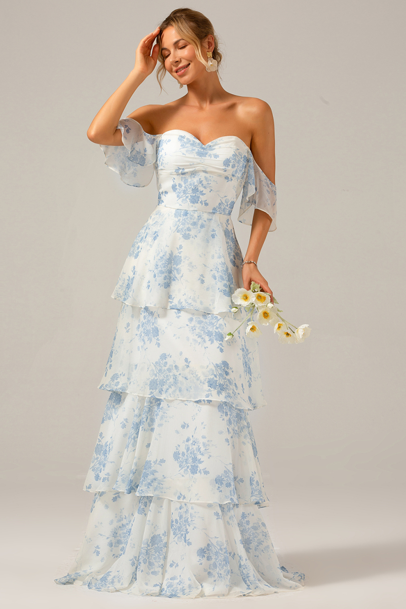 Leely Women White Blue Flower Print Tiered Bridesmaid Dress Off the ...