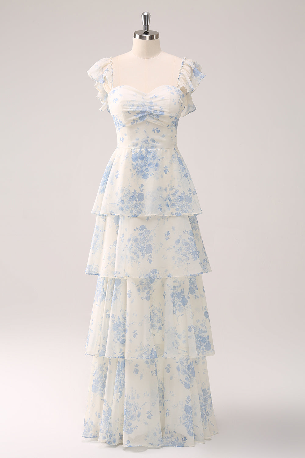 White Blue Flower Sweetheart Tiered A-Line Floral Bridesmaid Dress