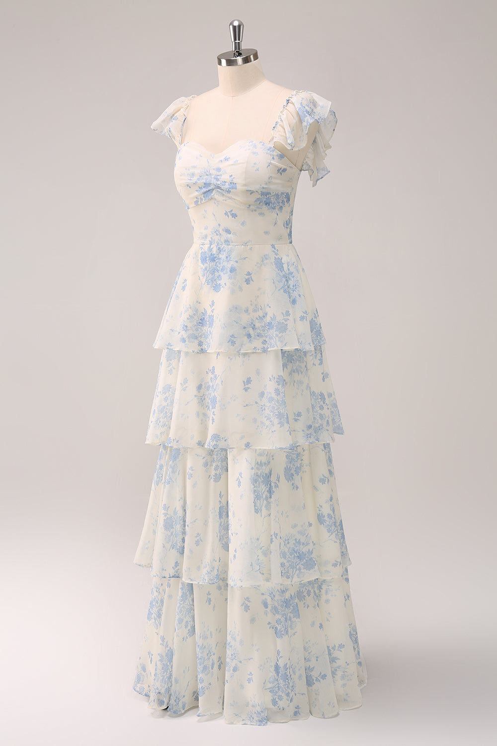 White Blue Flower Sweetheart Tiered A-Line Floral Bridesmaid Dress