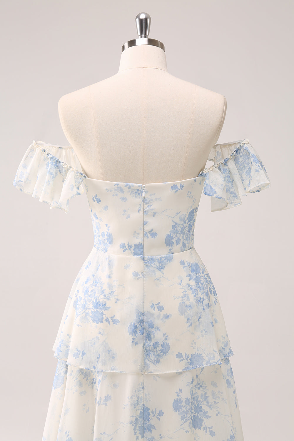 White Blue Flower Sweetheart Tiered A-Line Floral Bridesmaid Dress