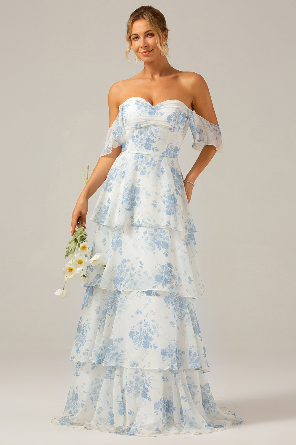 White Blue Flower Sweetheart Tiered A-Line Floral Bridesmaid Dress