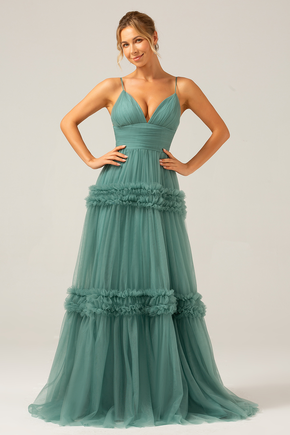 Grey Green A Line Tulle Pleated Spaghetti Straps Backless Prom Dress