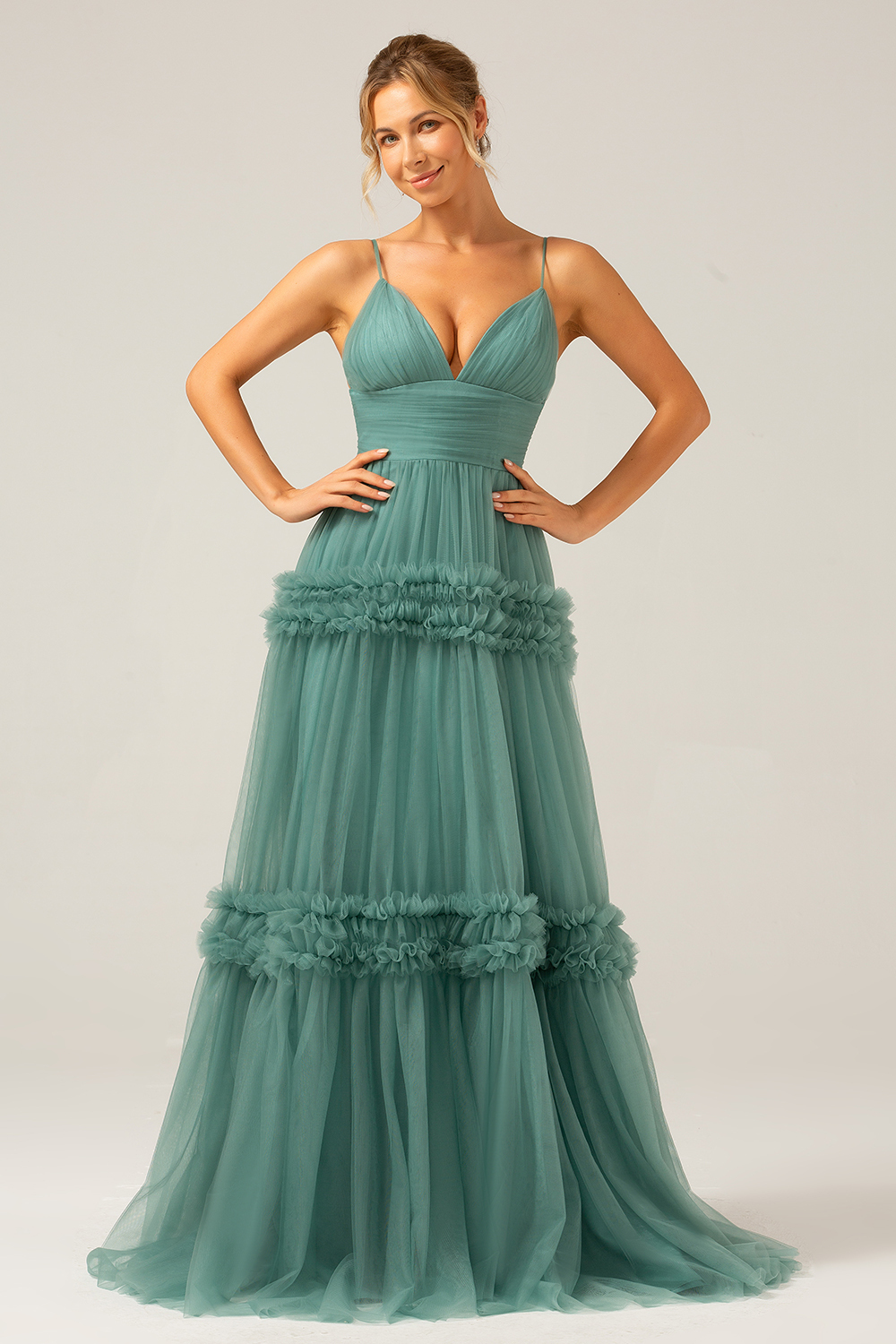 Grey Green A Line Backless Tulle Pleated Spaghetti Straps Long Bridesmaid Dress
