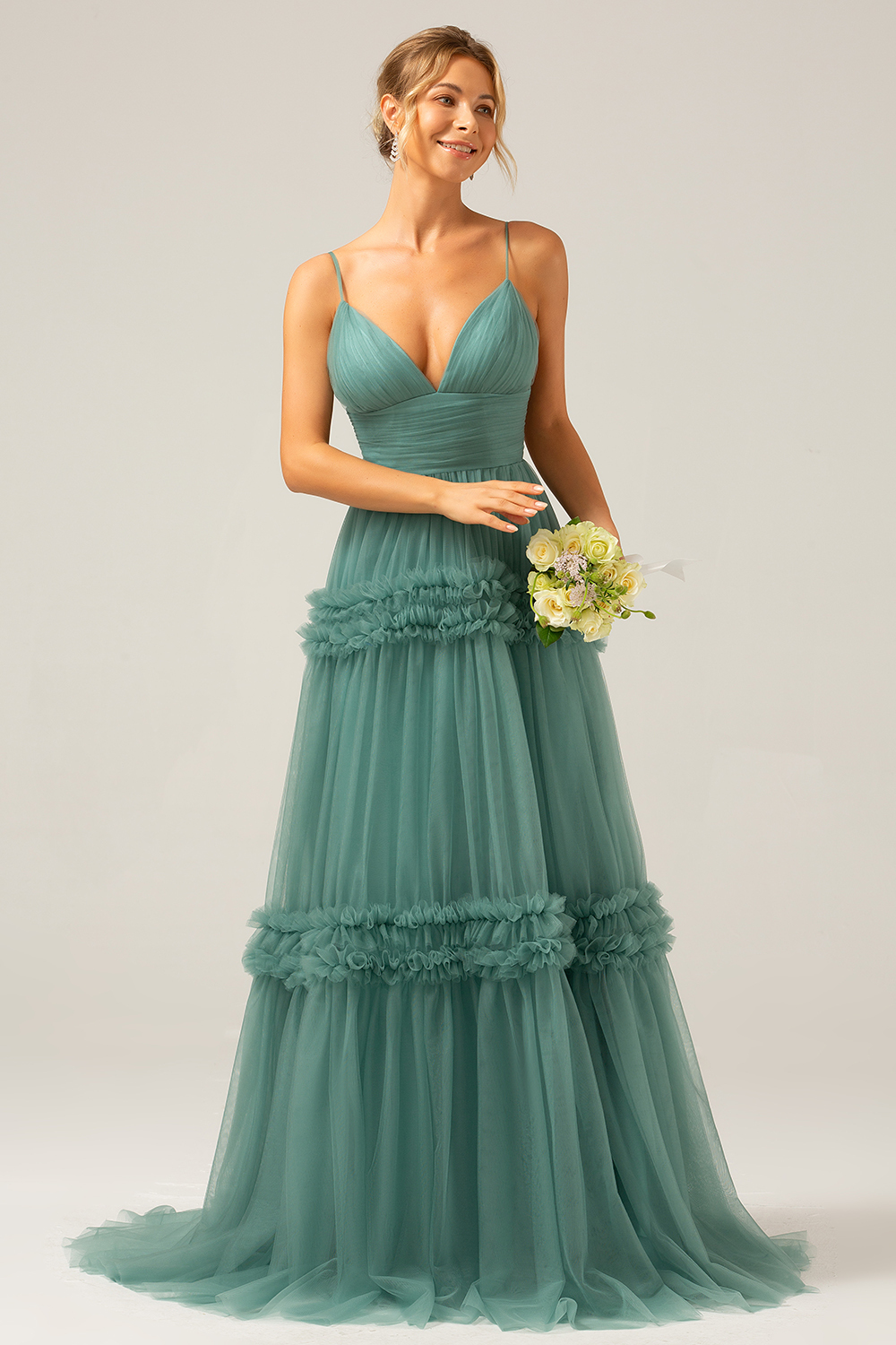 Grey Green A Line Backless Tulle Pleated Spaghetti Straps Long Bridesmaid Dress