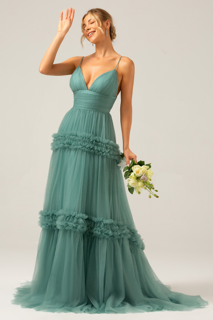 Grey Green A Line Backless Tulle Pleated Spaghetti Straps Long Bridesmaid Dress