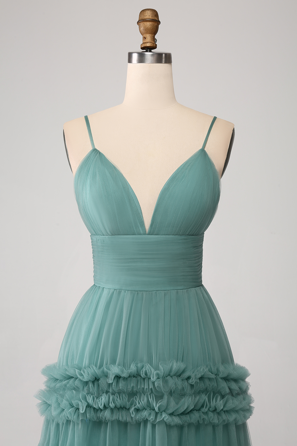 Grey Green A Line Tulle Pleated Spaghetti Straps Backless Prom Dress