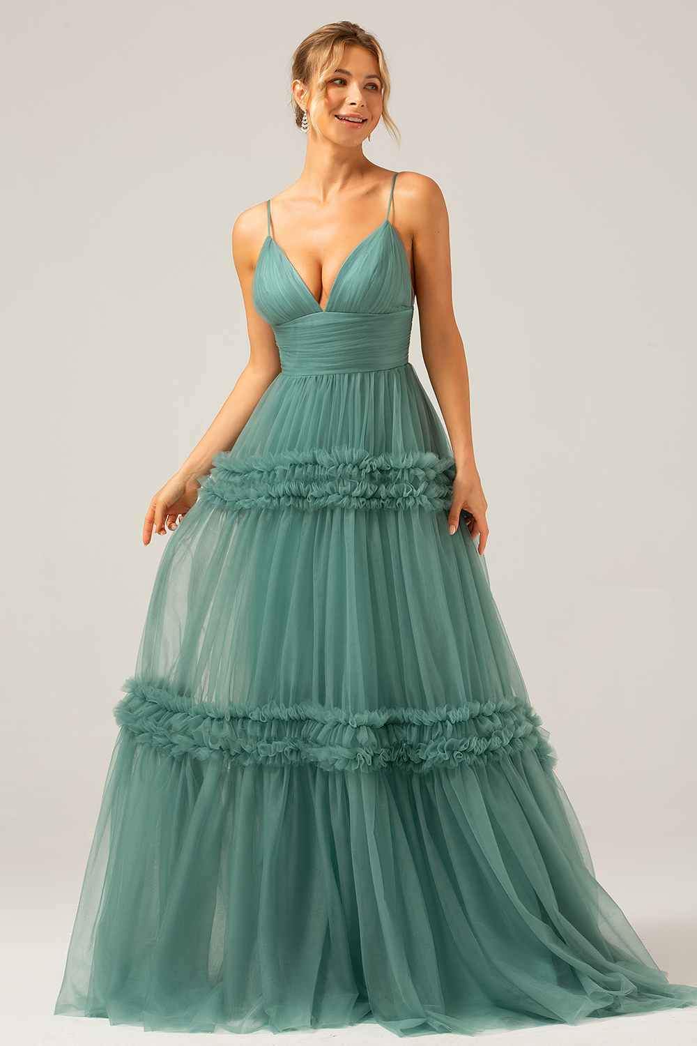 Grey Green A Line Backless Tulle Pleated Spaghetti Straps Long Bridesmaid Dress