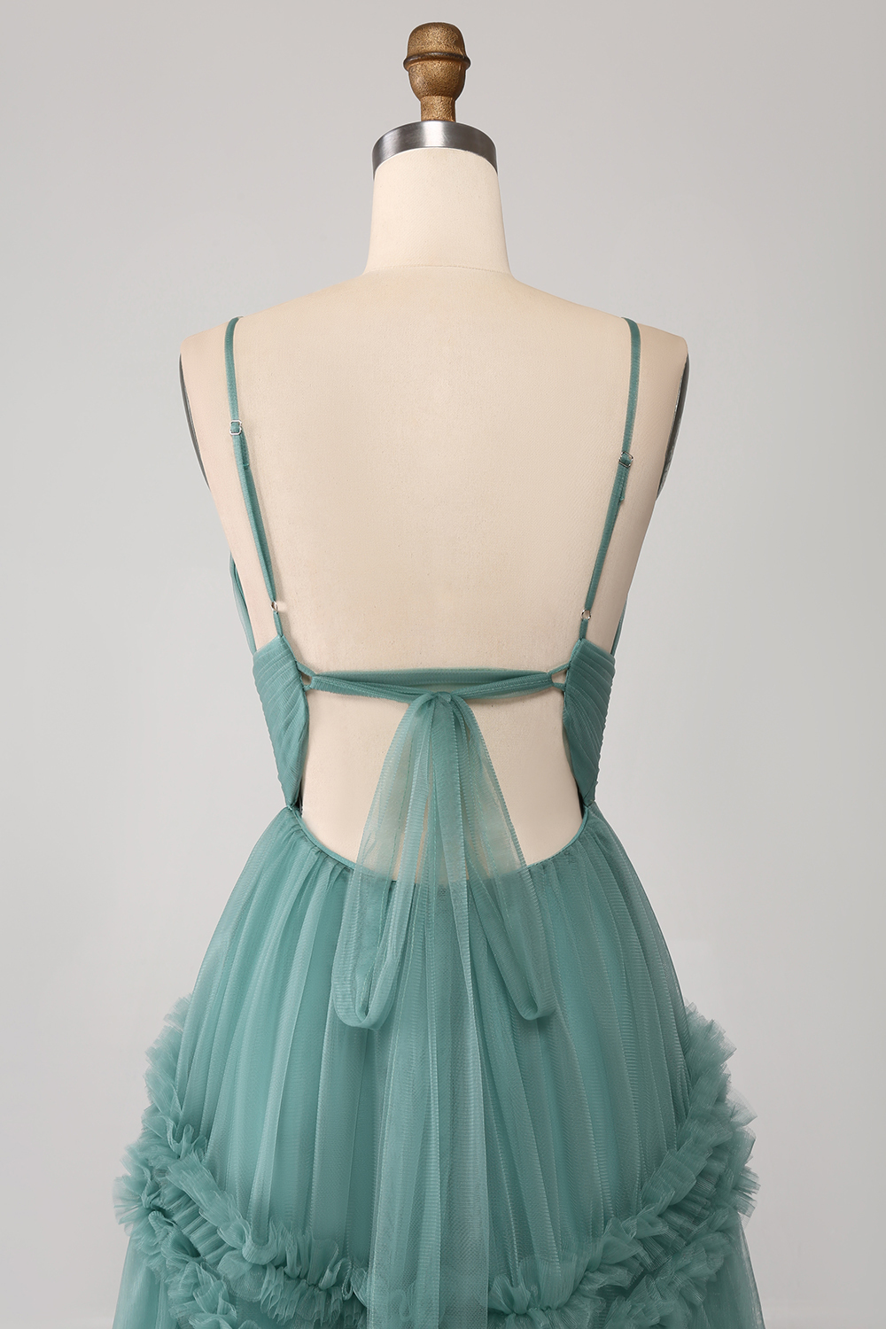 Grey Green A Line Tulle Pleated Spaghetti Straps Backless Prom Dress