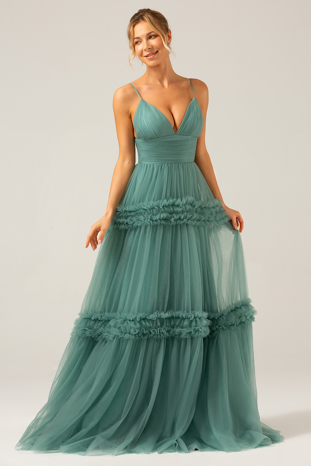 Grey Green A Line Backless Tulle Pleated Spaghetti Straps Long Bridesmaid Dress