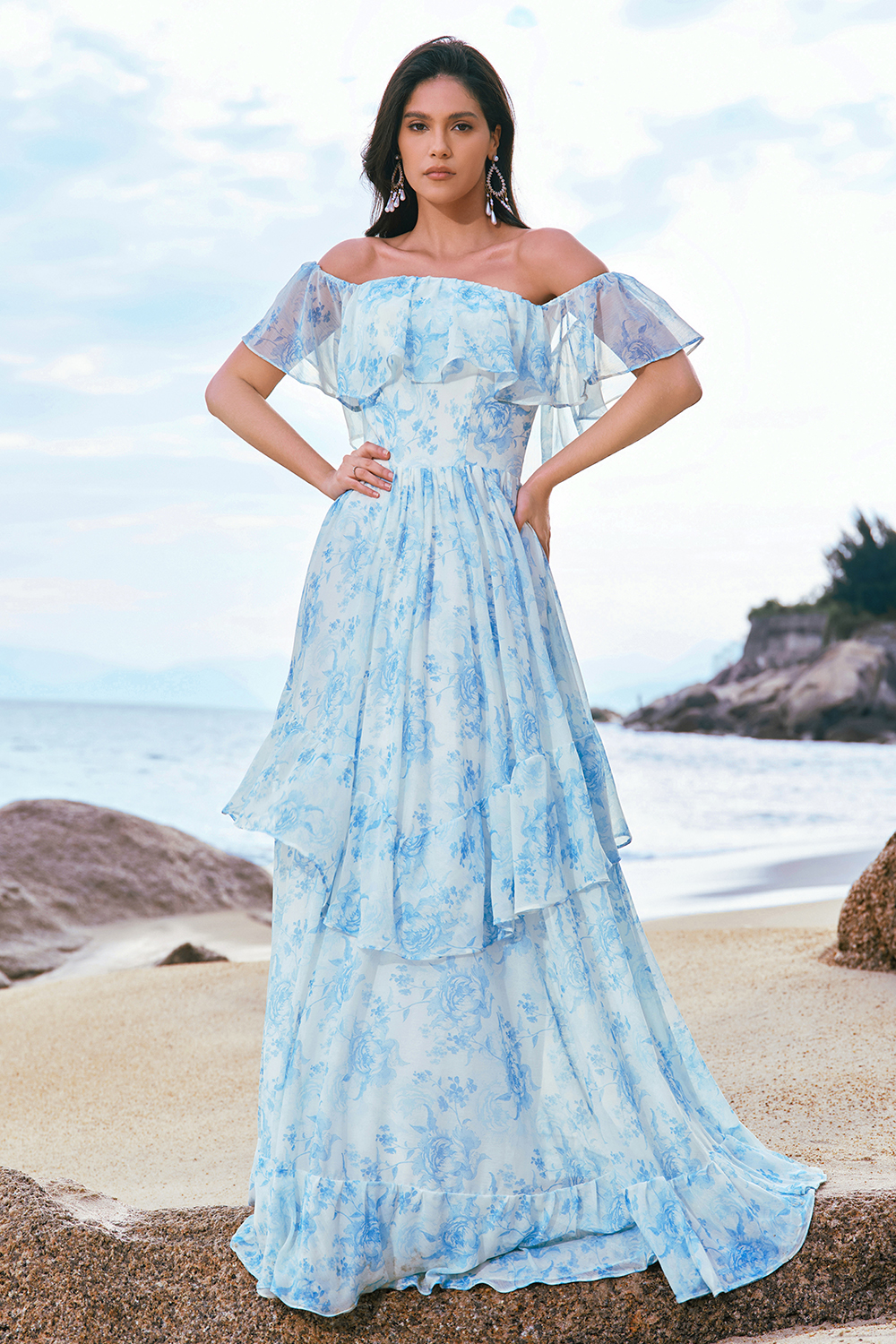 Elegant White Blue Ruffled Floral Printed A Line Bridesmaid Dress