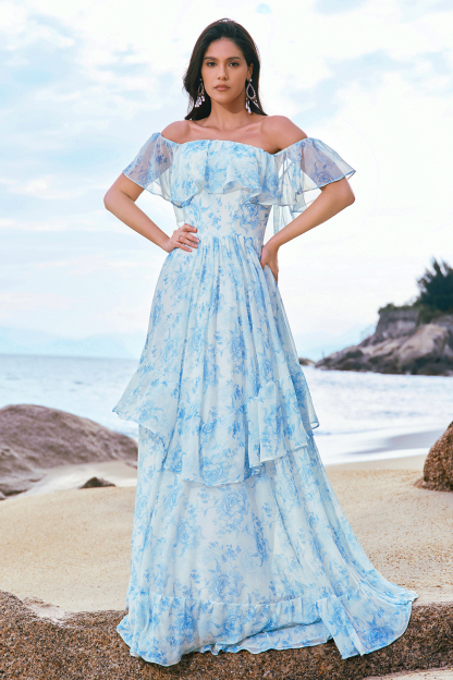 Elegant White Blue Ruffled Floral Printed A Line Bridesmaid Dress