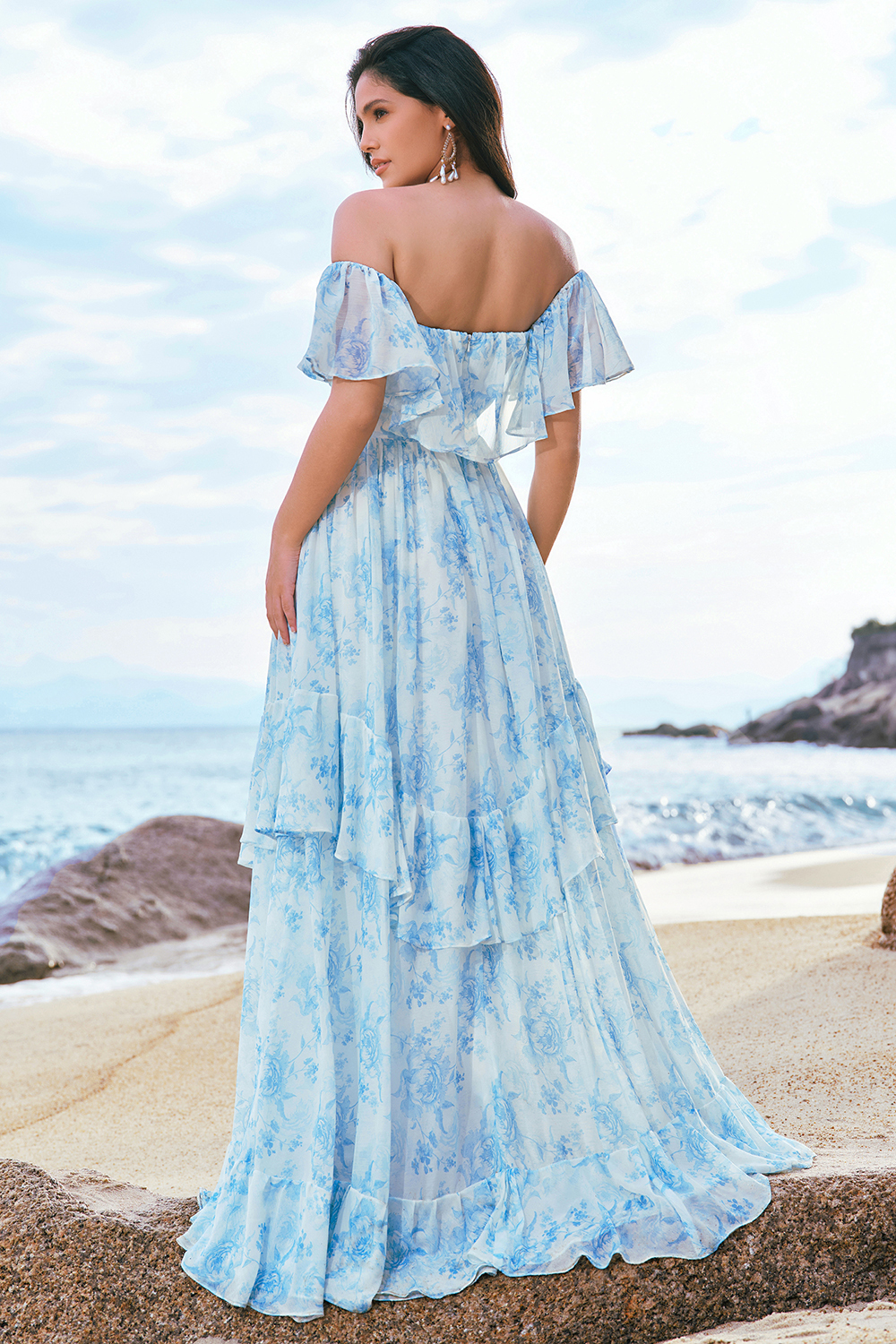 Elegant White Blue Ruffled Floral Printed A Line Bridesmaid Dress