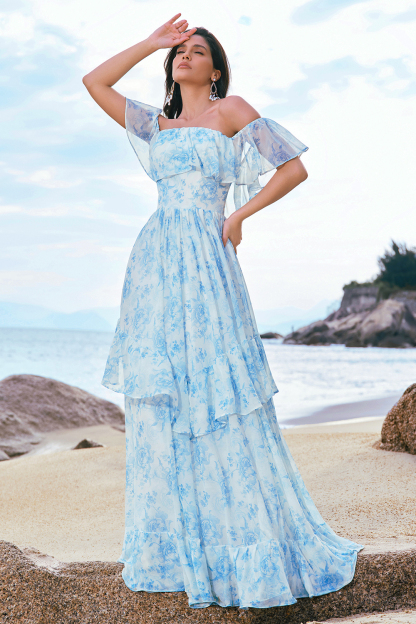 Elegant White Blue Ruffled Floral Printed A Line Bridesmaid Dress