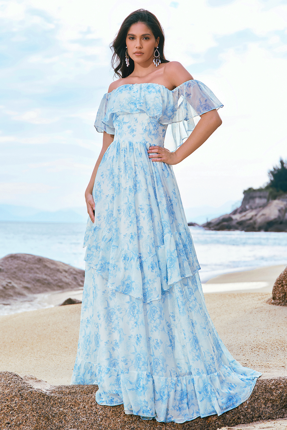 Elegant White Blue Ruffled Floral Printed A Line Bridesmaid Dress