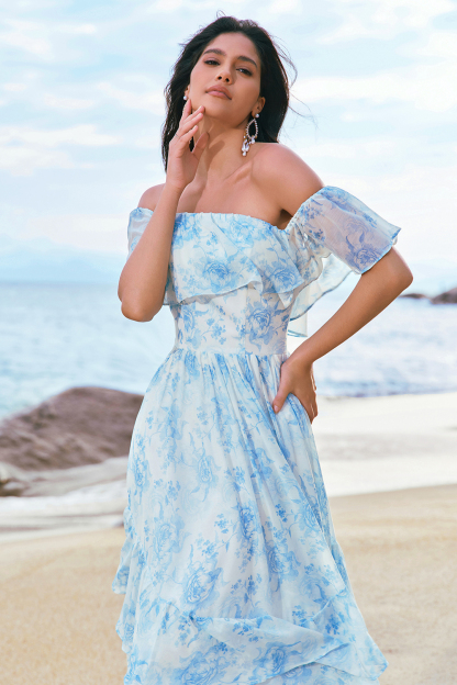 Elegant White Blue Ruffled Floral Printed A Line Bridesmaid Dress