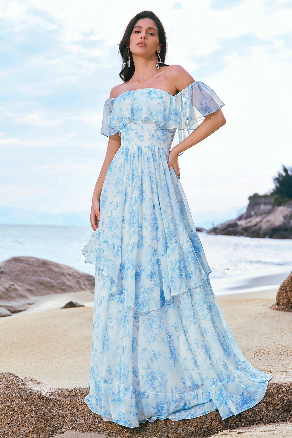 Leely Off the Shoulder White Blue Ruffles Floral A Line Maxi Wedding Guest Dress