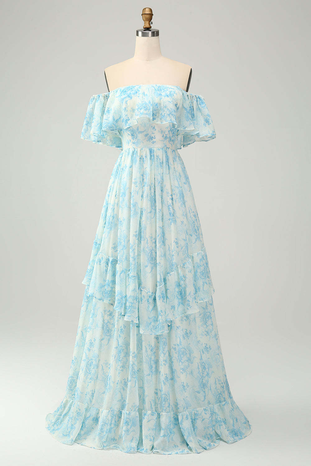 Leely Off the Shoulder White Blue Ruffles Floral A Line Maxi Wedding Guest Dress