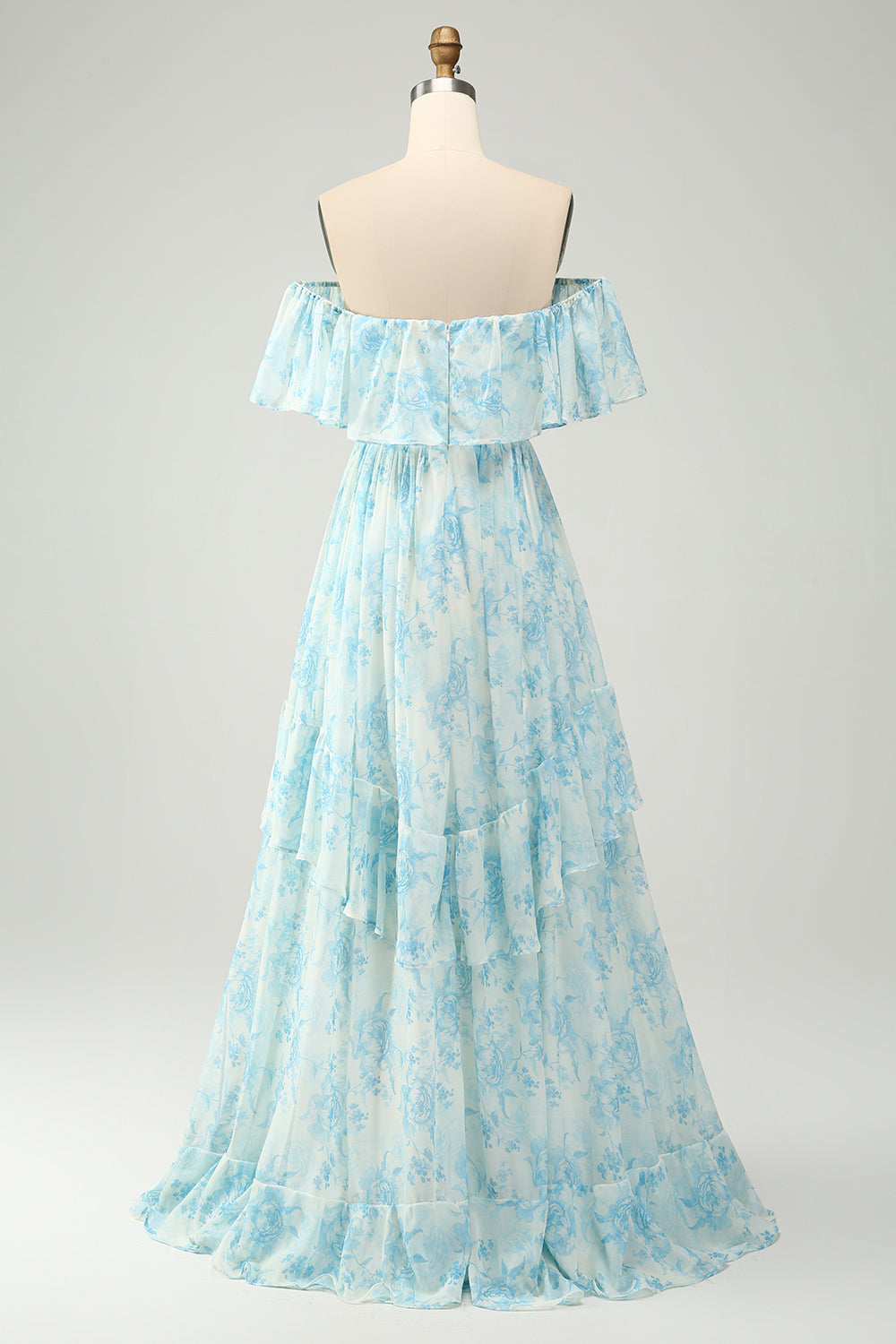 Off the Shoulder White Blue Ruffles Floral A Line Maxi Bridesmaid Dress
