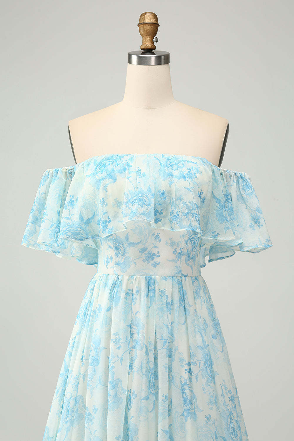 Off the Shoulder White Blue Ruffles Floral A Line Maxi Bridesmaid Dress