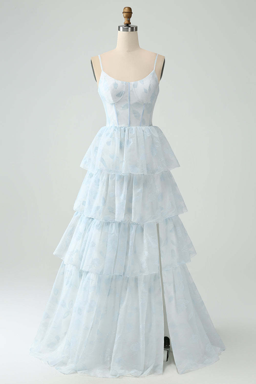 Leely Light Blue Corset Ruffles Tiered Floral A Line Maxi Dress with Slit