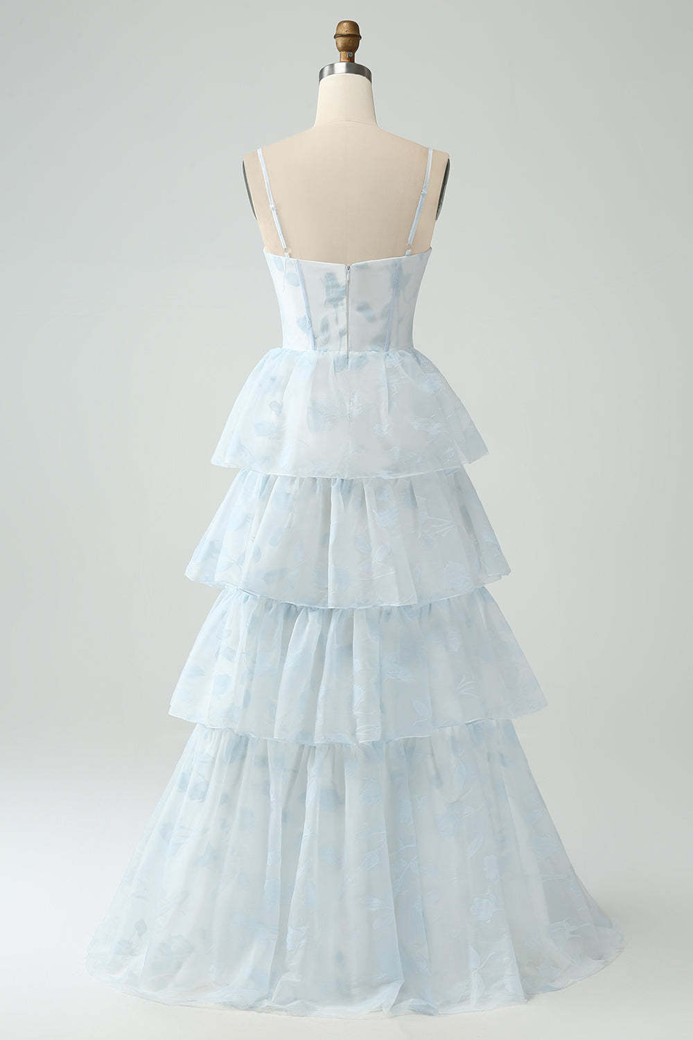 Light Blue Corset Ruffles Tiered Floral A Line Maxi Dress with Slit