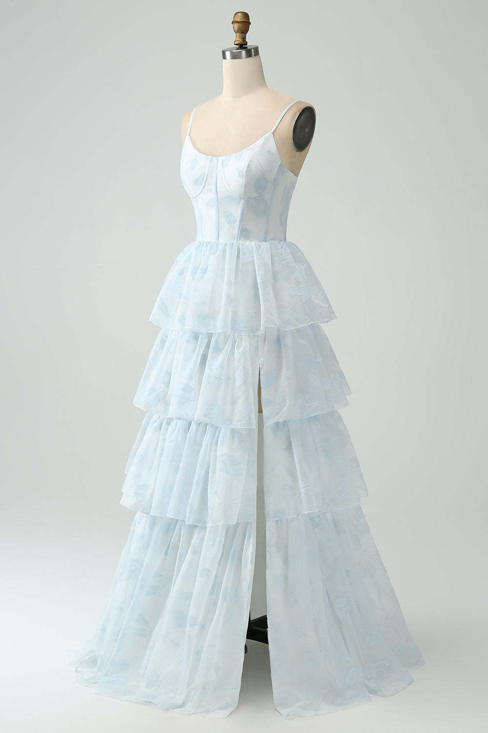 Light Blue Corset Ruffles Tiered Floral A Line Maxi Dress with Slit