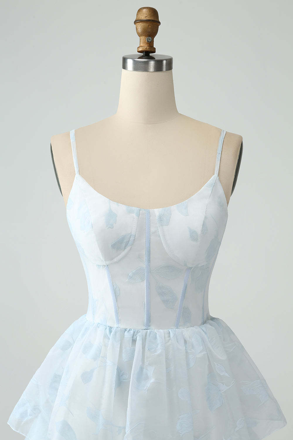 Light Blue Corset Ruffles Tiered Floral A Line Maxi Dress with Slit