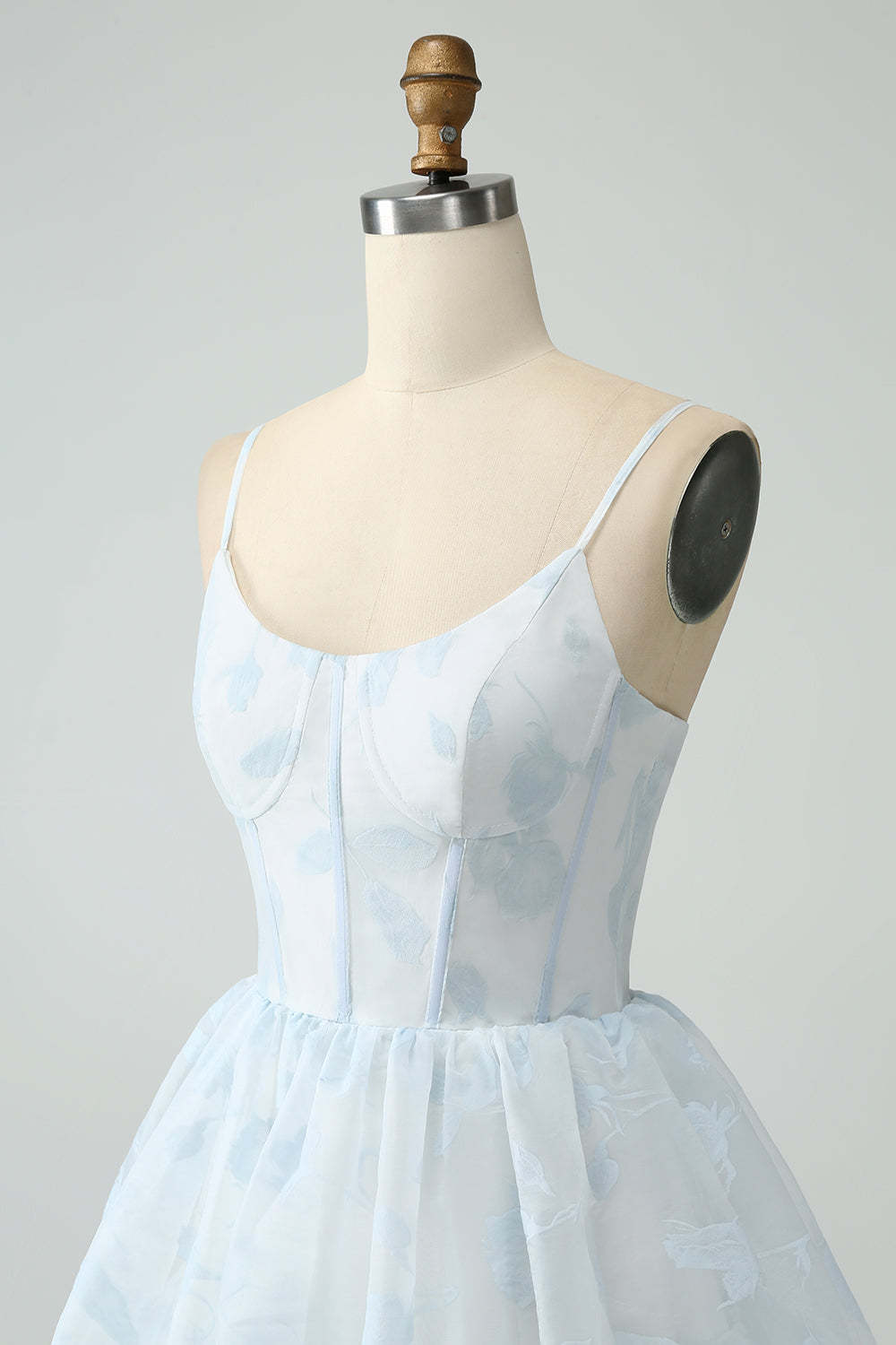 Light Blue Corset Ruffles Tiered Floral A Line Maxi Dress with Slit