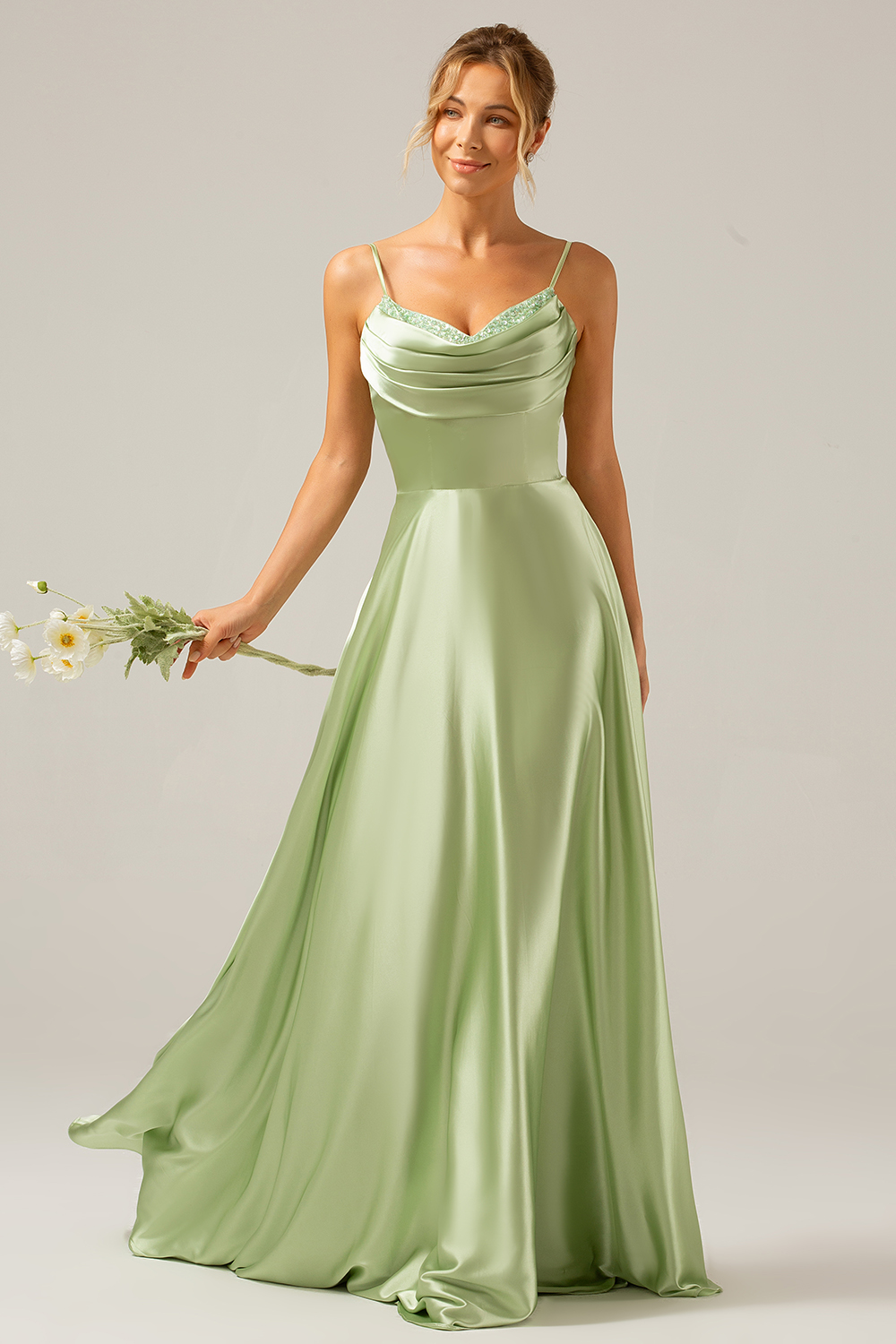 A Line Green Cowl Neck Bridesmaid Dress with Sequins