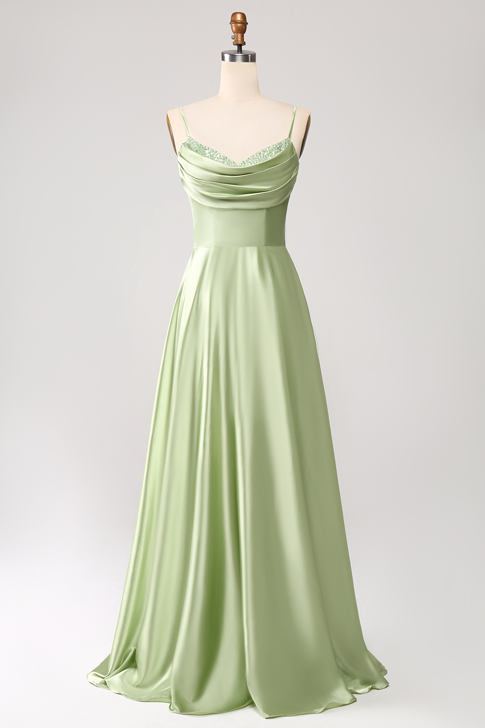 Leely Women Green A Line Long Prom Dress Cowl Neck Formal Dress with Sequins