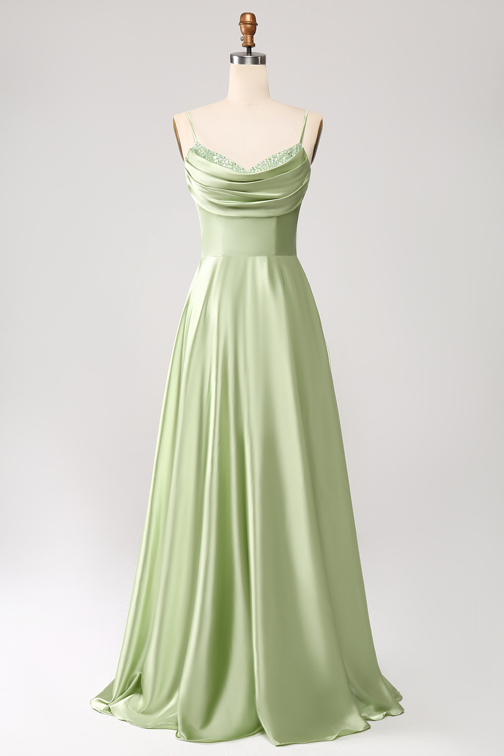 Green A Line Cowl Neck Prom Dress with Sequins