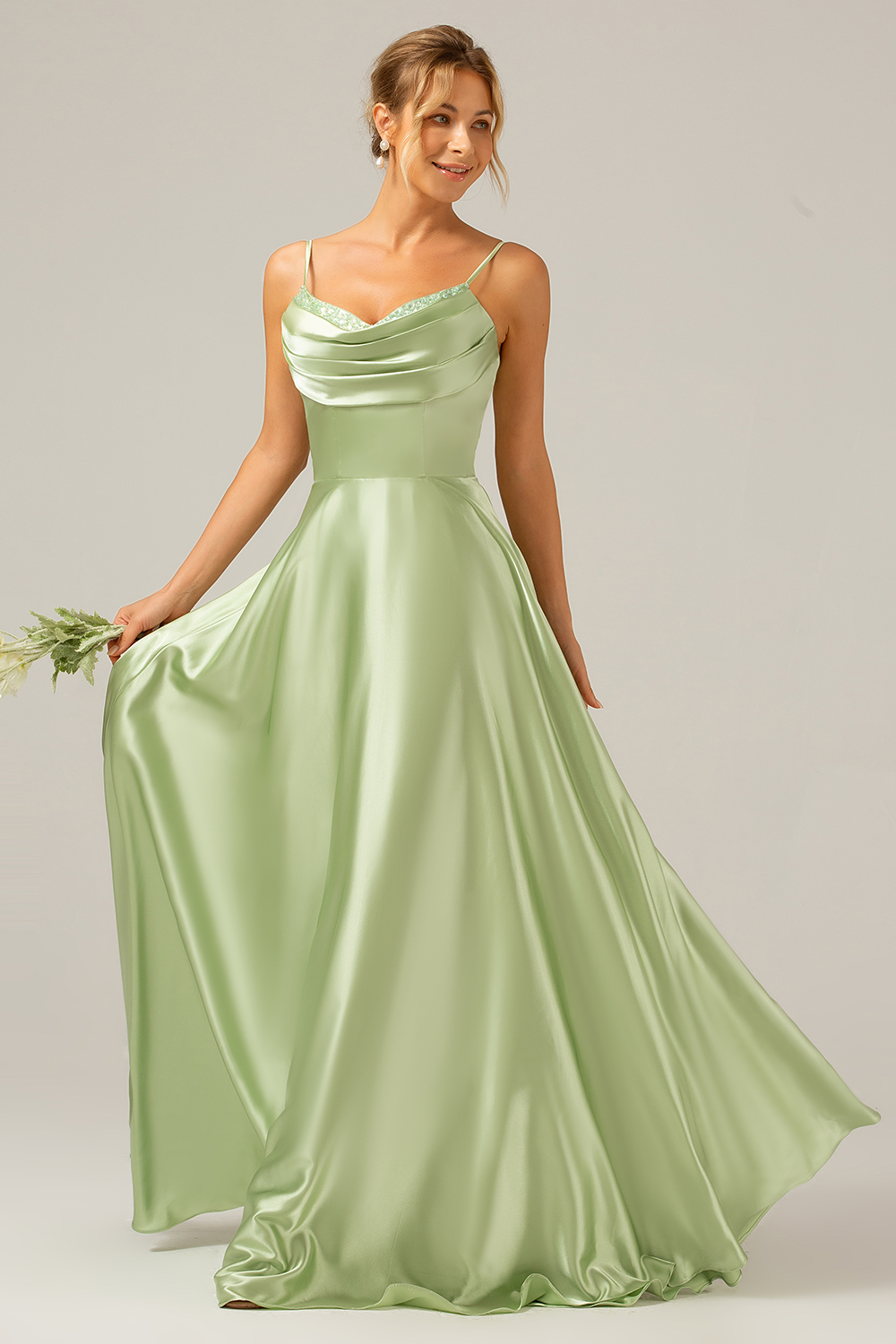 A Line Green Cowl Neck Bridesmaid Dress with Sequins
