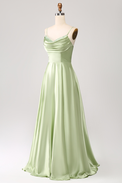 Green A Line Cowl Neck Prom Dress with Sequins