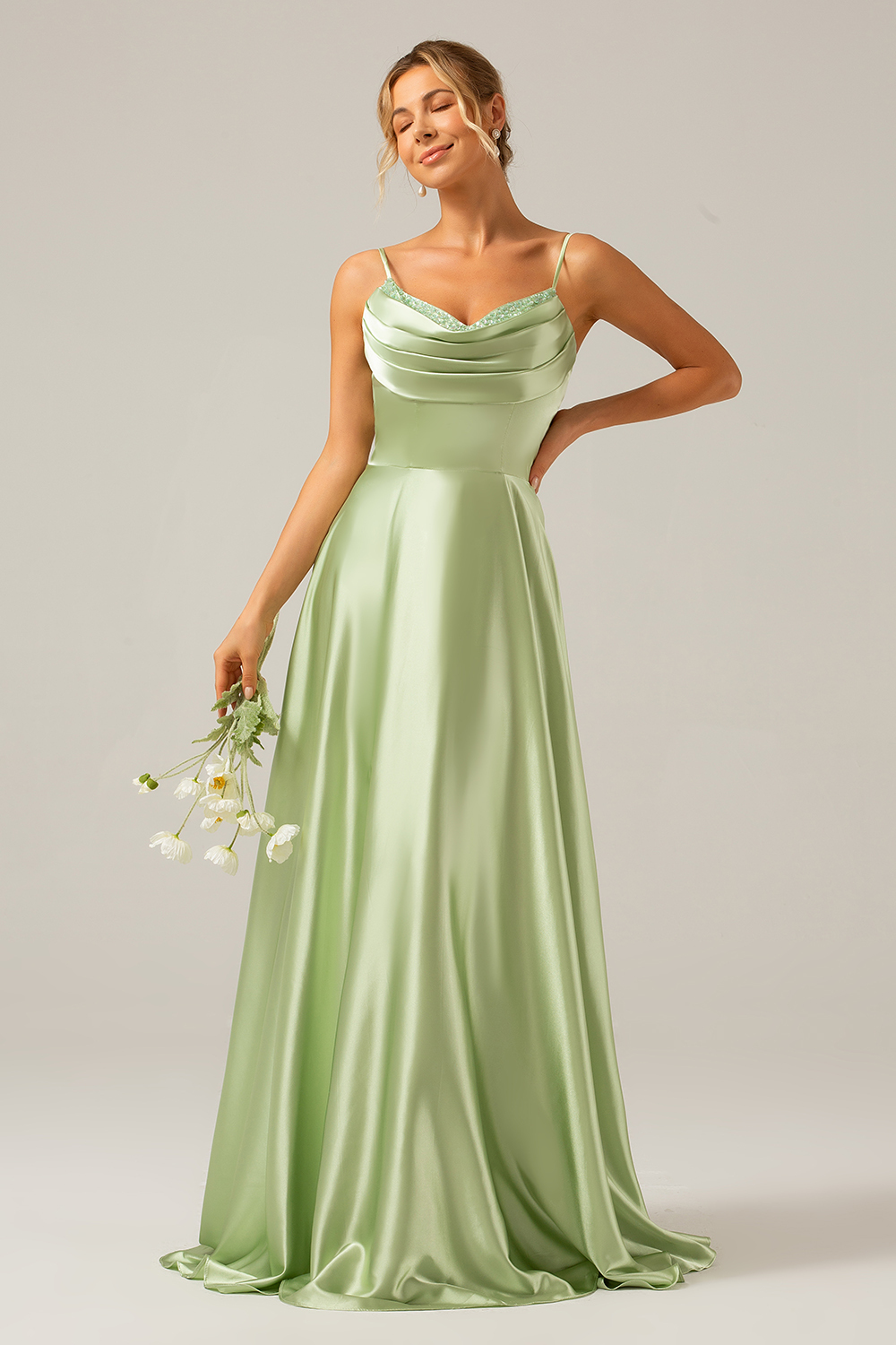 A Line Green Cowl Neck Bridesmaid Dress with Sequins