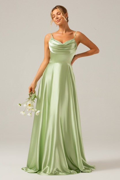 A Line Green Cowl Neck Bridesmaid Dress with Sequins