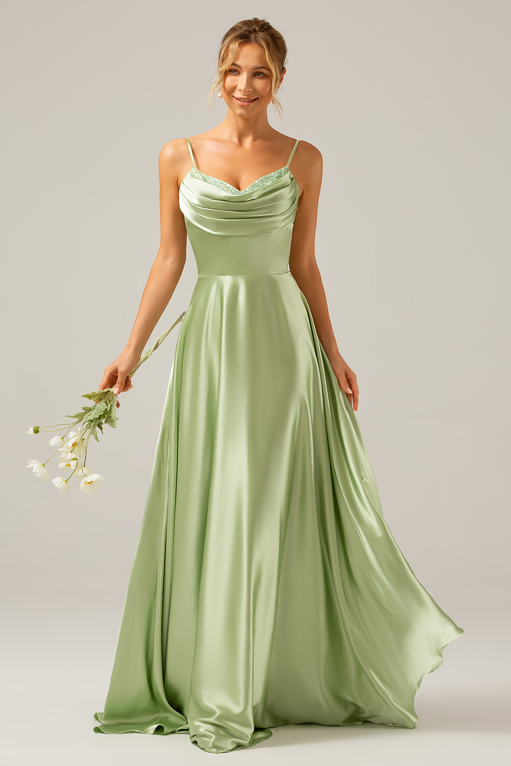 A Line Green Cowl Neck Bridesmaid Dress with Sequins