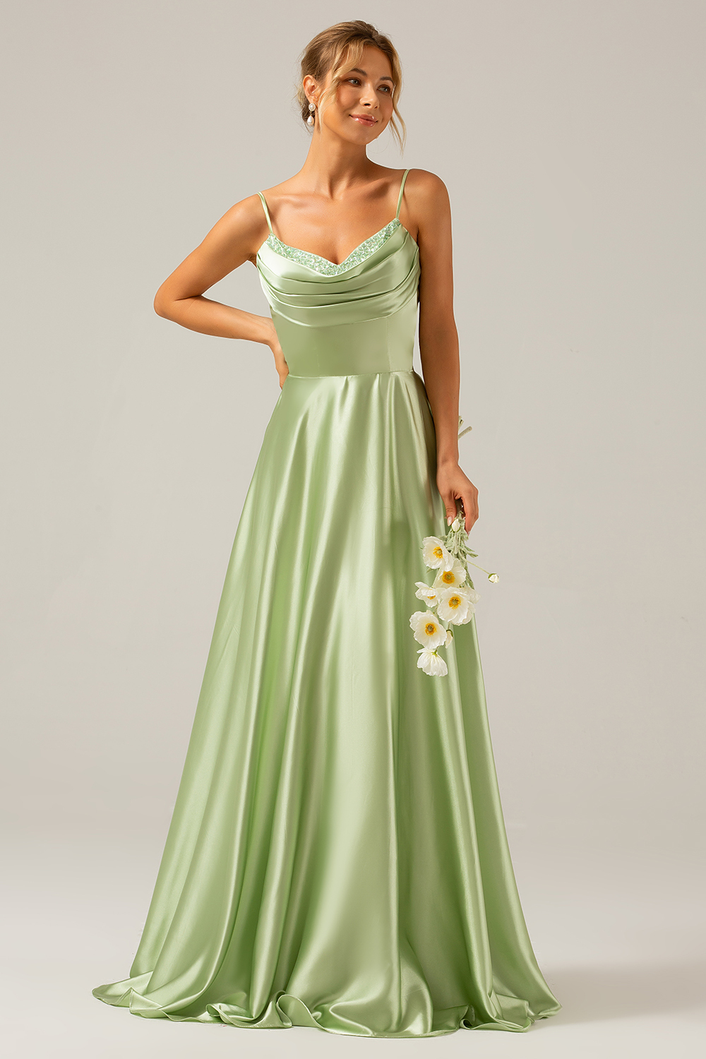 A Line Green Cowl Neck Bridesmaid Dress with Sequins