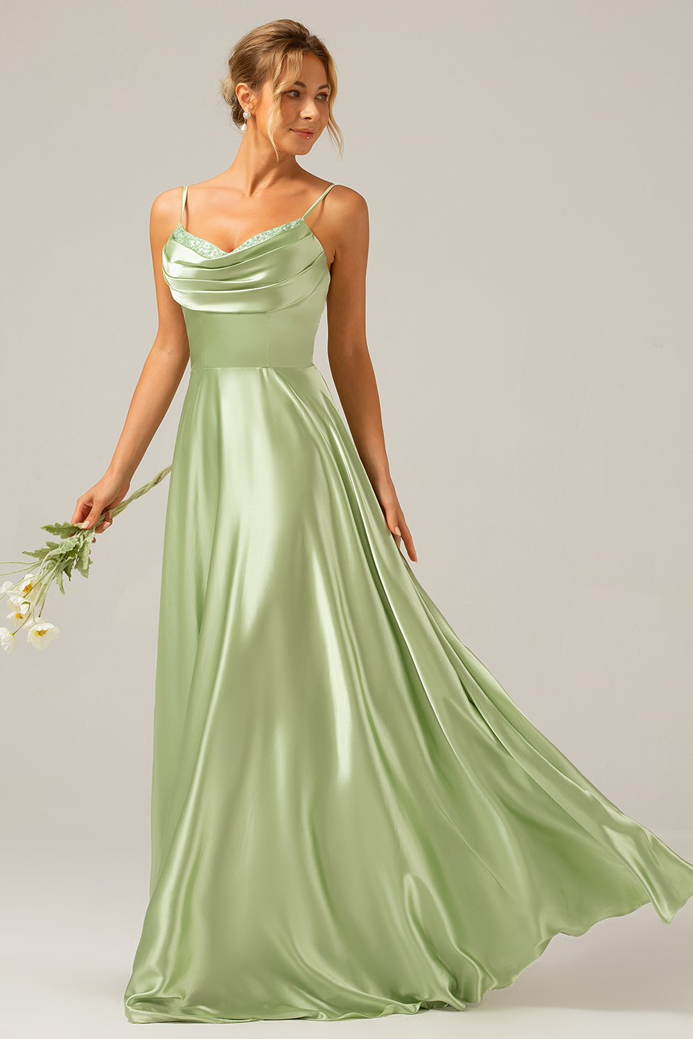 A Line Green Cowl Neck Bridesmaid Dress with Sequins