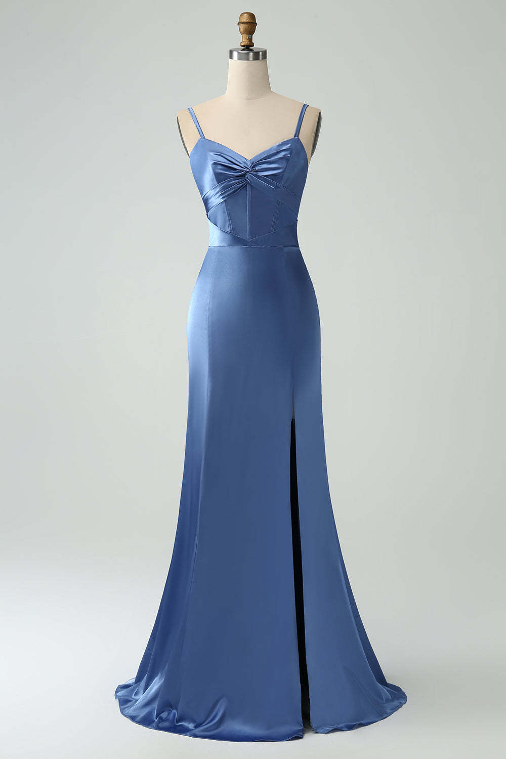 Leely Grey Blue Twist Front Bowknot Sheath Satin Long Wedding Guest Dress with Slit