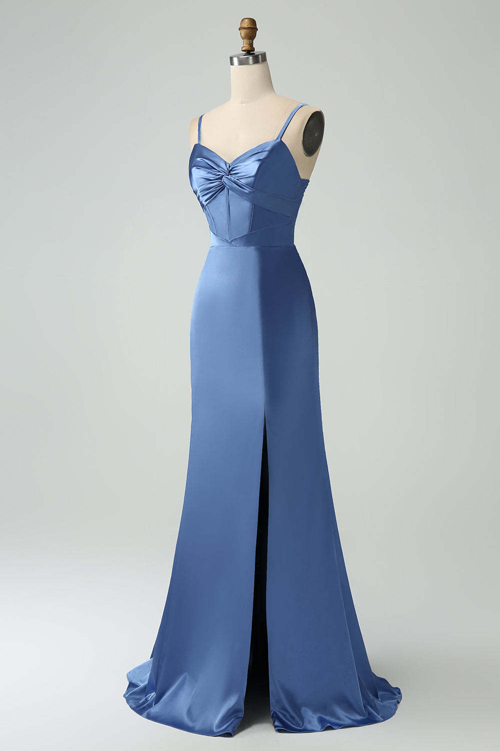 Twist Front Bowknot Sheath Satin Long Wedding Guest Dress with Slit
